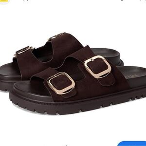 Mia gen double buckle slide sandals chocolate brown gold shoes